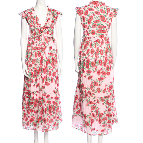 Banjanan Constance Red Pink Floral Maxi Dress VNeck Flutter Sleeves Ruffle Sz L - Picture 3 of 10